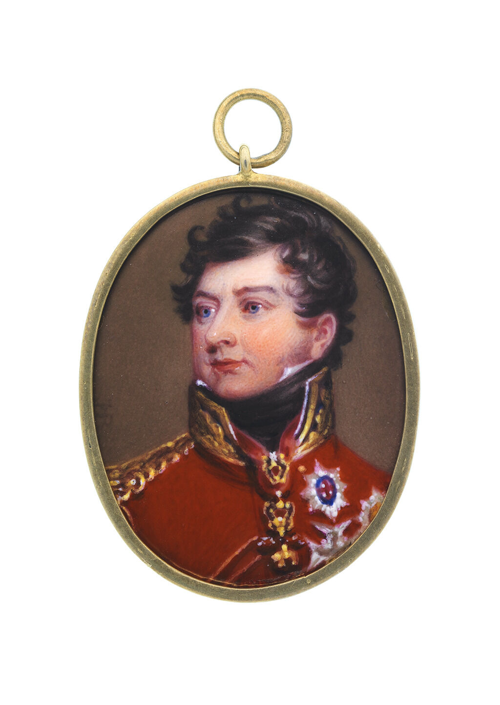 Portrait miniature of a light-skinned man wearing a red military coat before a brown background.