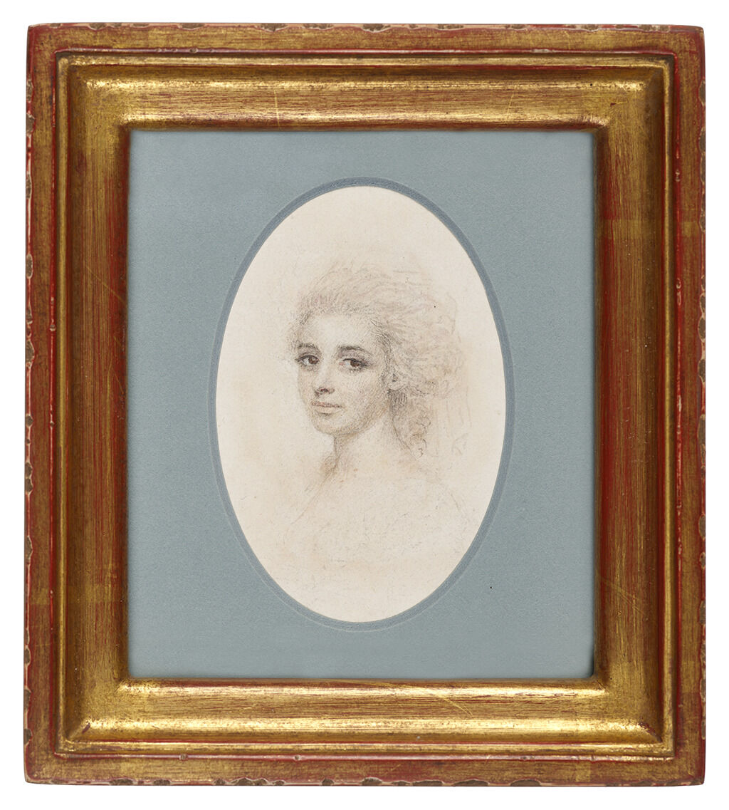 Portrait miniature of a woman with powdered hair whose clothing is not delineated In the sketch, with the paper support used as the background.