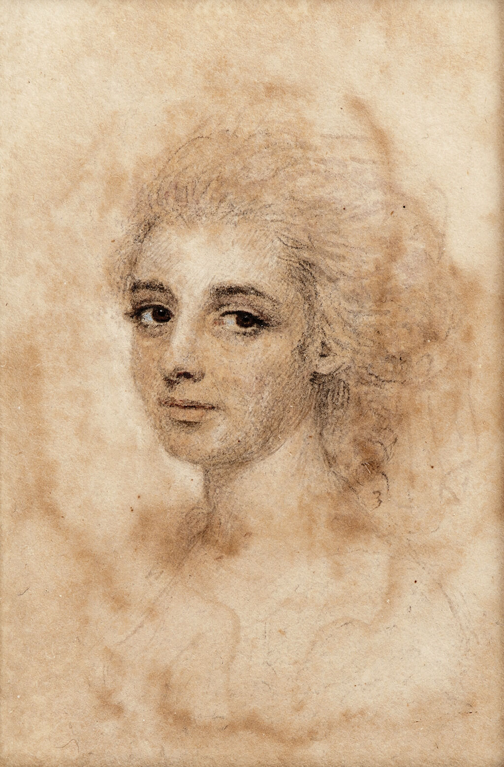 Portrait miniature of a woman with powdered hair whose clothing is not delineated In the sketch, with the paper support used as the background.