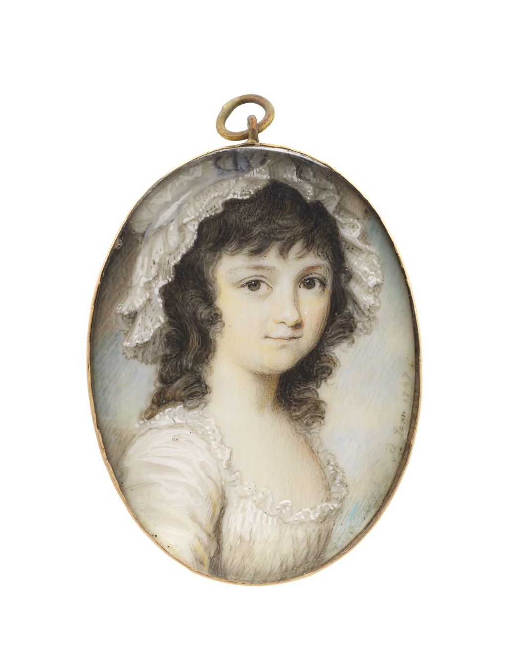 Portrait miniature of a light-skinned girl with unpowdered hair wearing a white gown before a sky background.