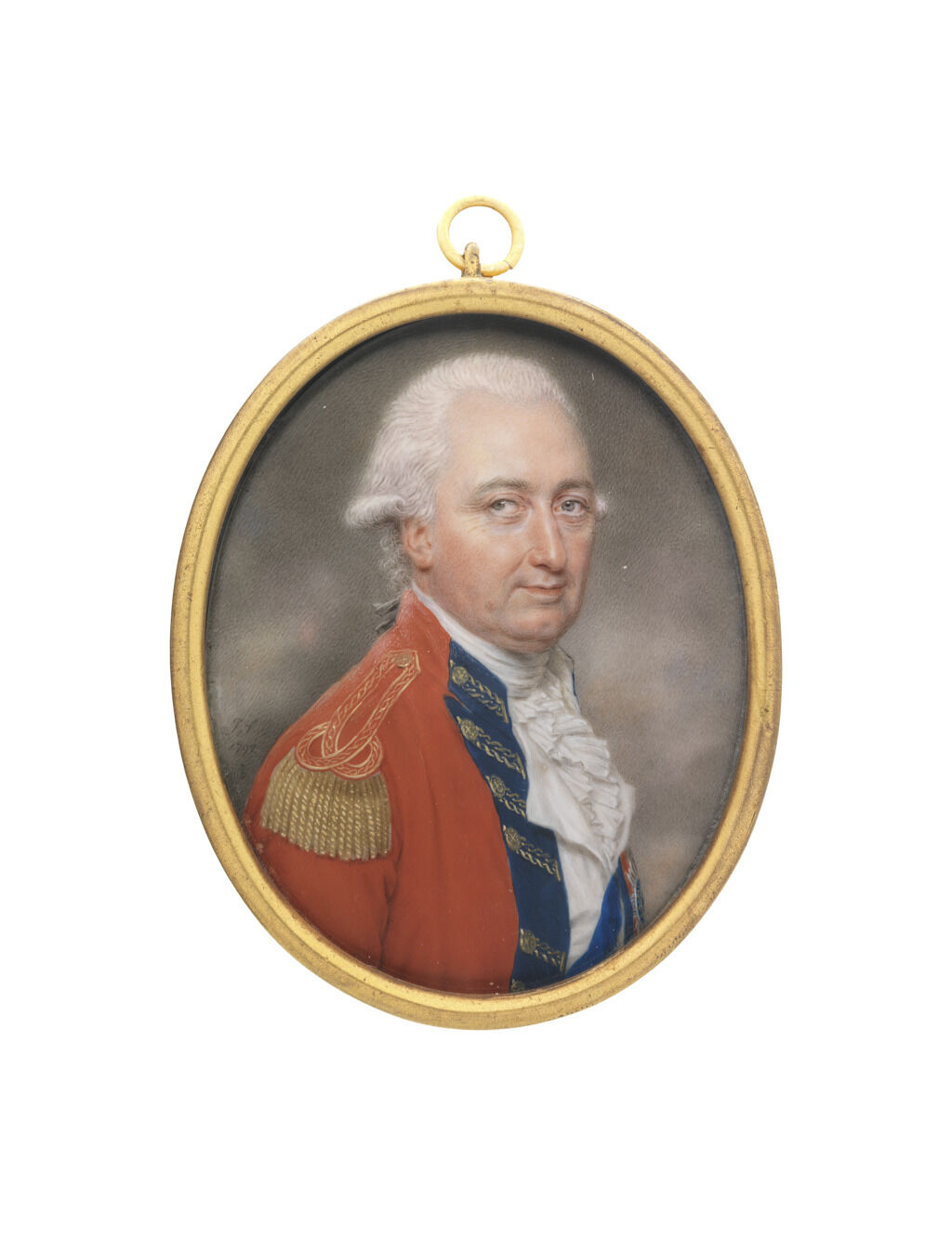 Portrait miniature of a light-skinned man with powdered hair wearing a red military coat before a gray sky background.