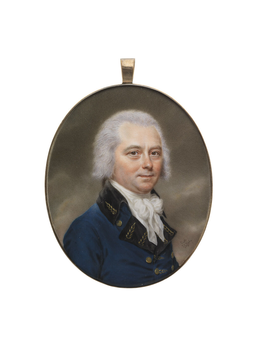 Portrait miniature of a light-skinned man with powdered hair wearing a blue naval coat before a cloudy sky background.