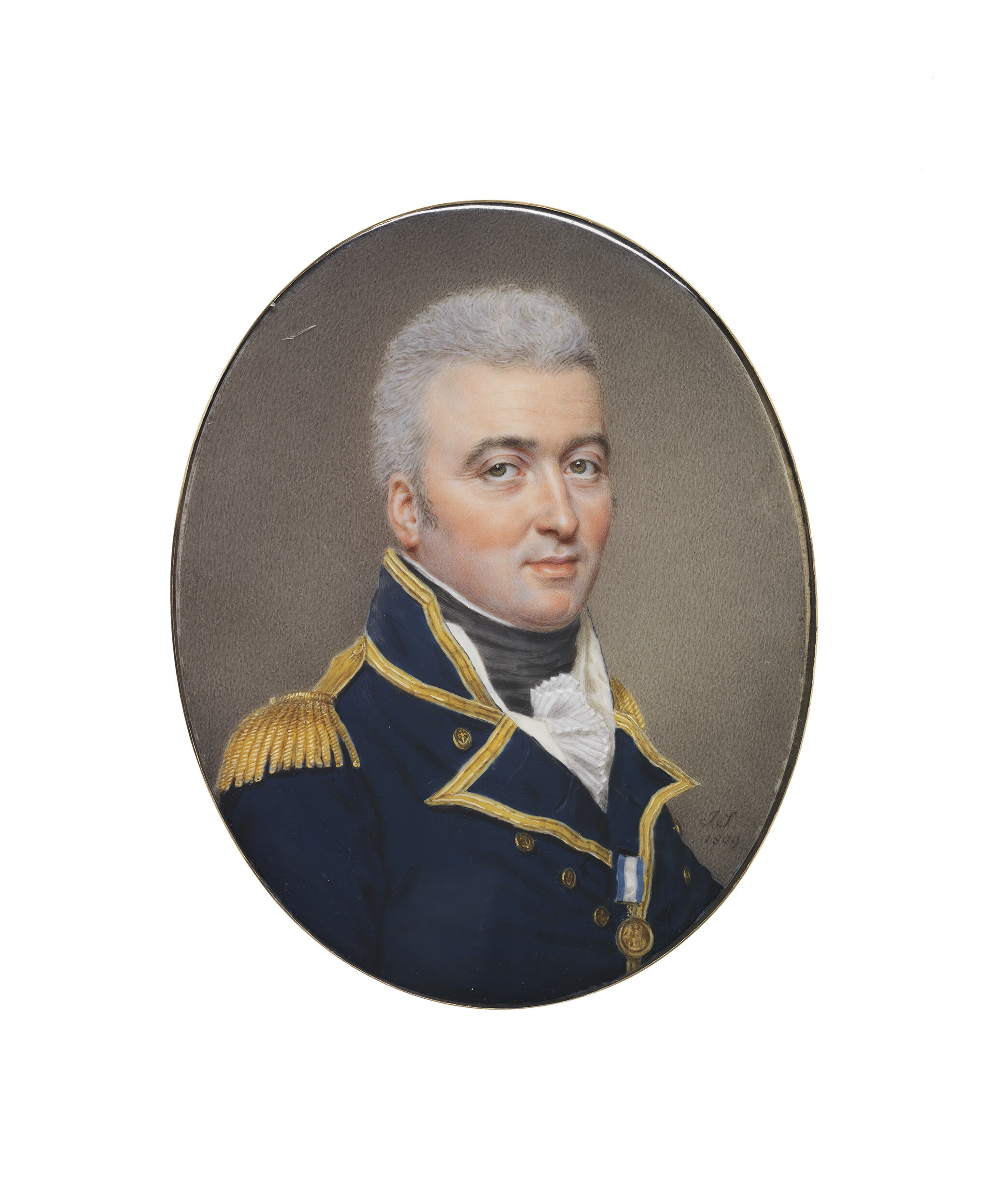Portrait miniature of a light-skinned man with powdered hair wearing a blue naval coat before a gray-brown background.