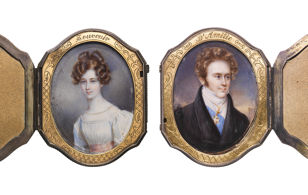 Portrait miniature of a light-skinned woman wearing a white gown framed with a portrait miniature of a white man wearing a black coat, each before a sky background.