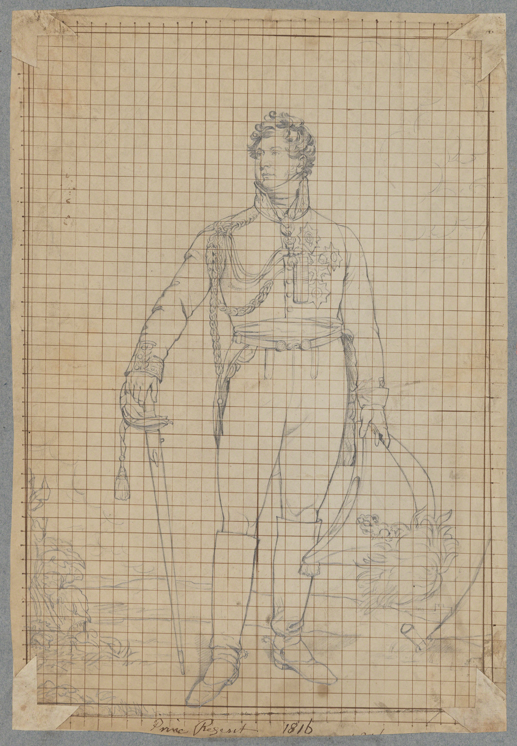 A pencil drawing on grided paper, depicting a standing man wearing a military uniform and holding a sword in one hand and a hat in the other.