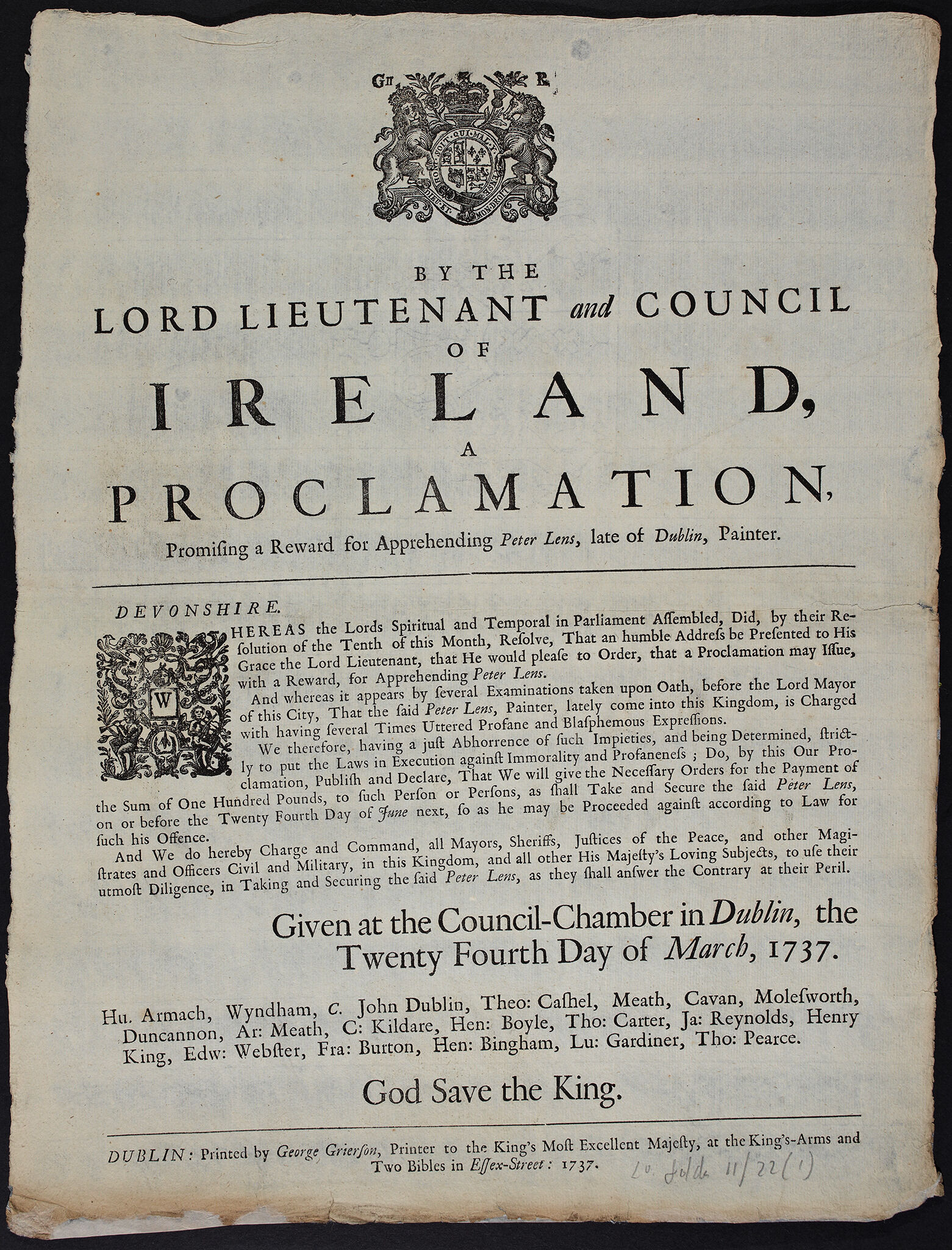 An arrest warrant for Peter Lens, painter, issued by the Lord Lieutenant of Ireland on March 24, 1737.